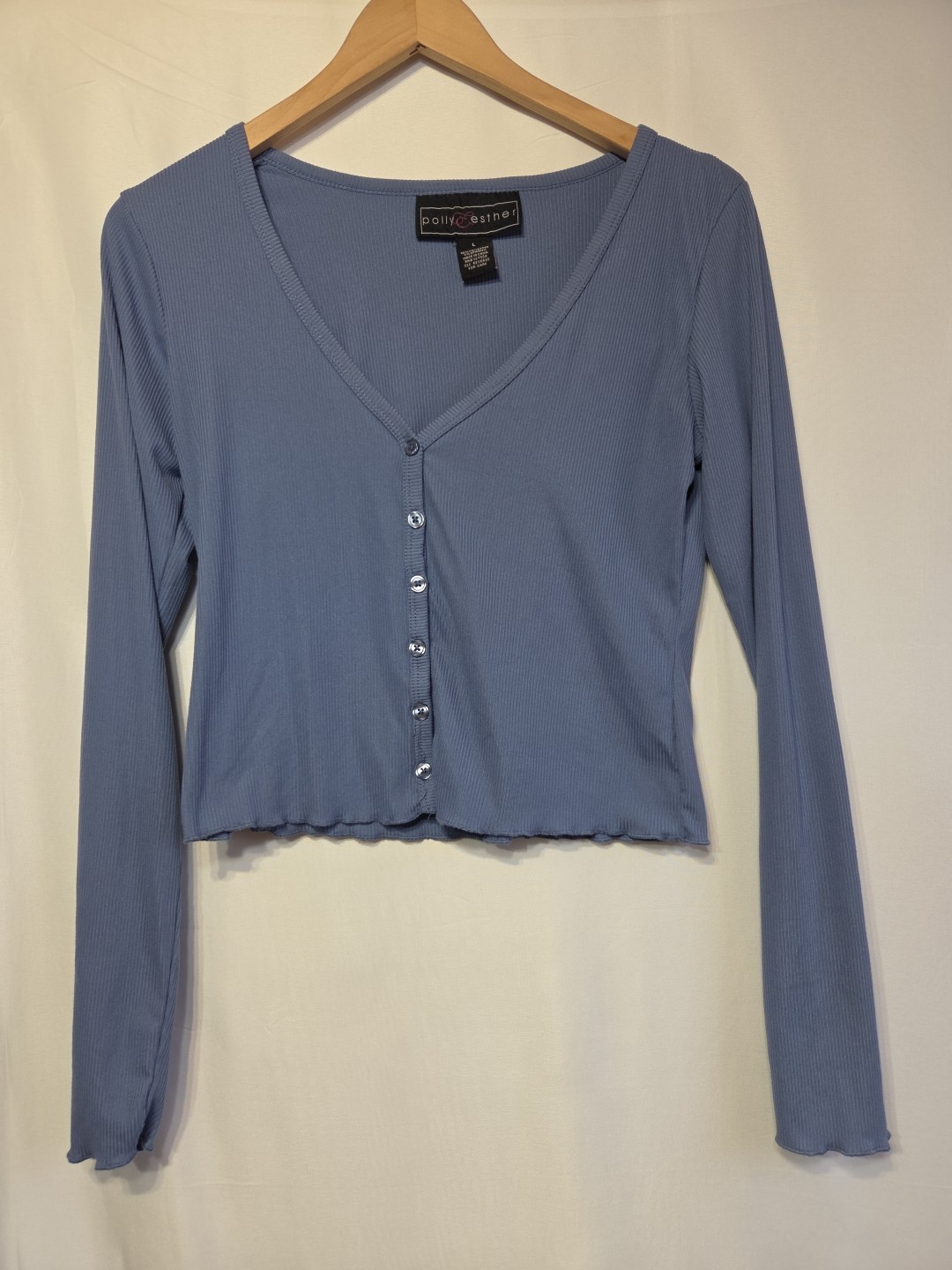 Polly & Esther Women’s Ribbed Cropped Henley Top Blue Long Sleeve Stretch Size L