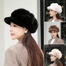 Womens Faux Fur Beret Hat Winter Warm Thickened Fluffy Fashion Headwear Accessor