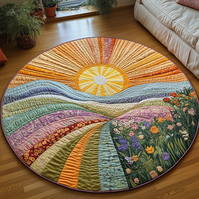 Sunrise Meadow Quilt Round Rug, Floral Landscape Patchwork Boho Floor Mat
