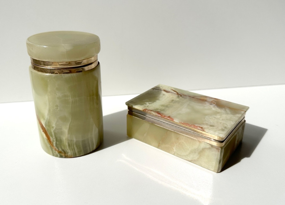 A complete Italian mid-century onyx desk and smoking set — the kind of sculptural, heavy, serious object that makes a home office feel like it's from a Fellini film.