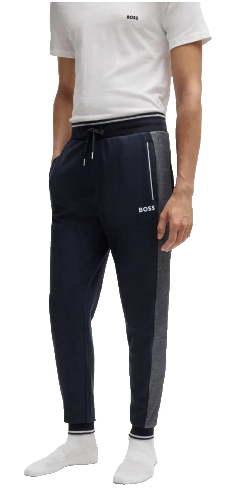Boss Mens Navy Cotton Logo Tracksuit Bottoms With Contrast Piping Size 2XL 18890₽
