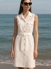 Eci White Eyelet Embroidered DRESS size 12 Button Front Sleeveless Sheath