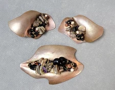 Artist Signed ABSTRACT Copper & Stone BROOCH & EARRINGS Set