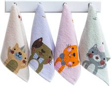 4 Pack Cute Cat Pattern Hand Towels, Pure Cotton Children Bathroom Towel Animals