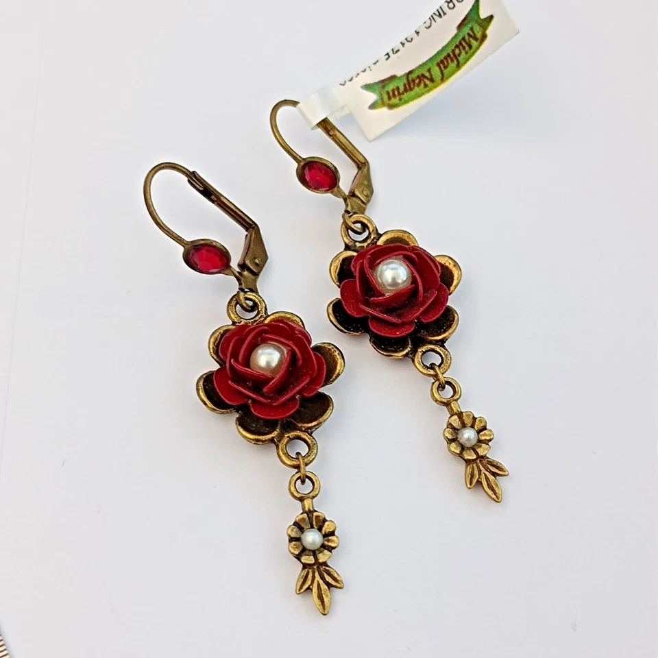 Michal Negrin Earrings Red Rose Enamel Long Floral Romantic Victorian Revival - Image 4 of 4
