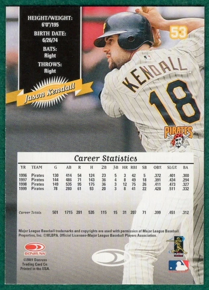 Jason Kendall - 2001 Donruss Retro 2000 #53 - Pittsburgh Pirates Baseball Card - Image 3 of 3