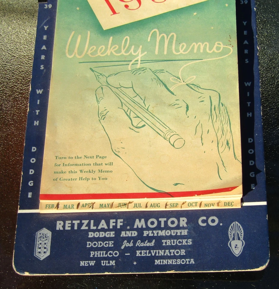 1953 Retzlaff Motors Dodge And Plymouth New Ulm Minnesota Weekly Memo Calendar - Image 3 of 4