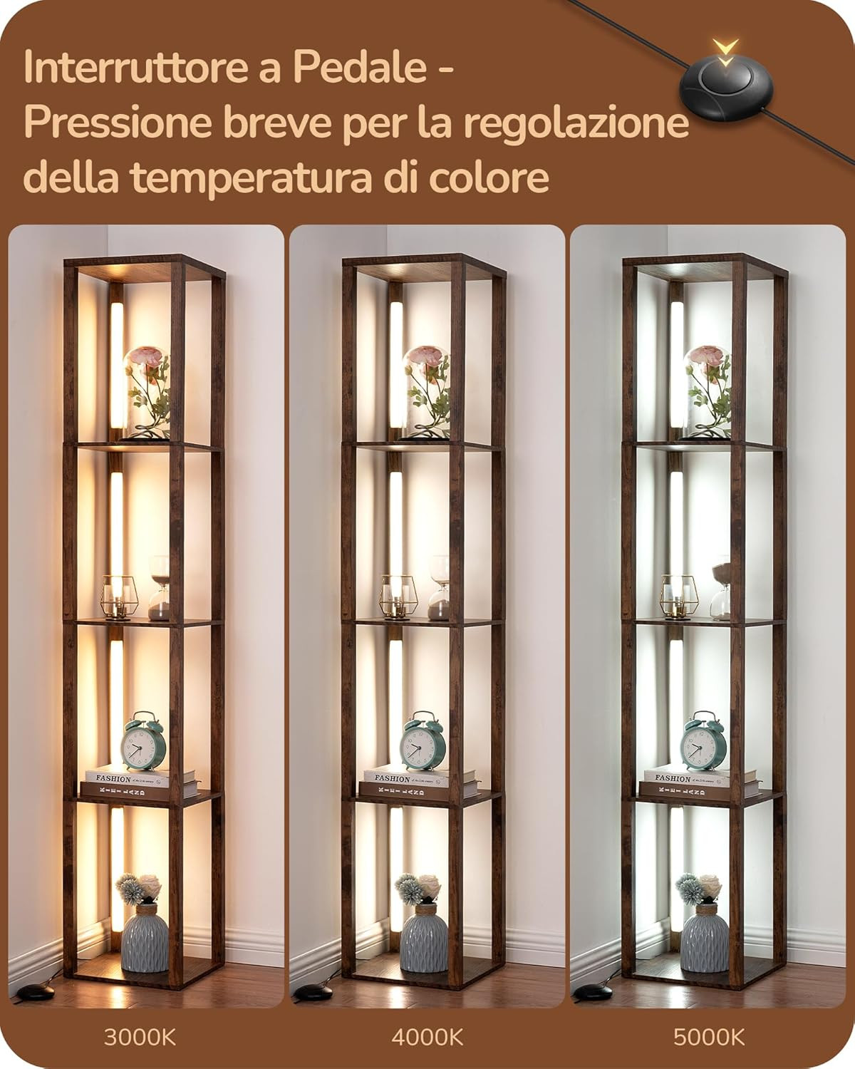 Lampada da Terra Soggiorno con Ripiani in Legno, 3 Temperature di Colore, Dimmer foto 3