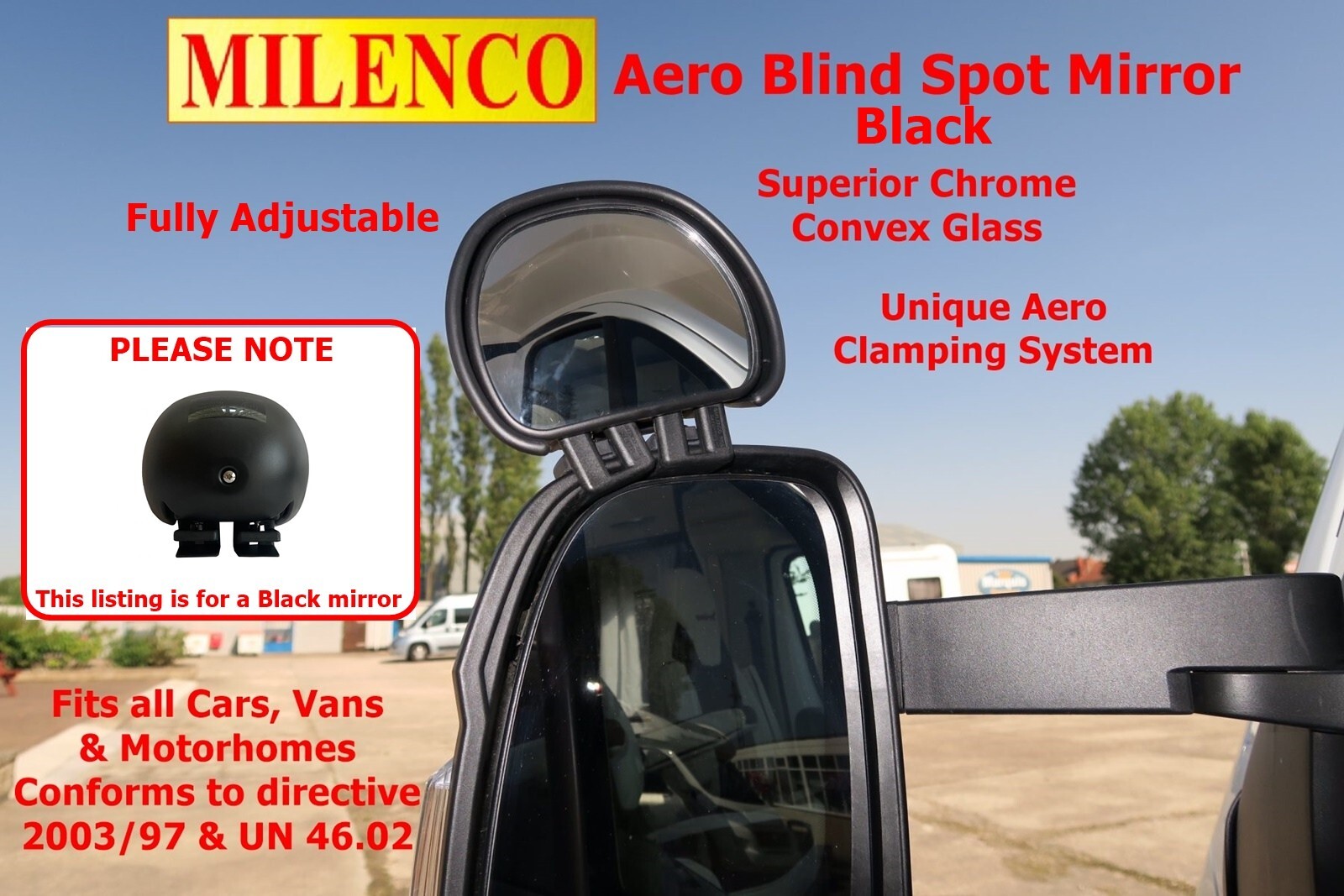 Milenco BLACK Aero Blind Spot Mirror -Adjustable- Van, Motorhome, Horsebox