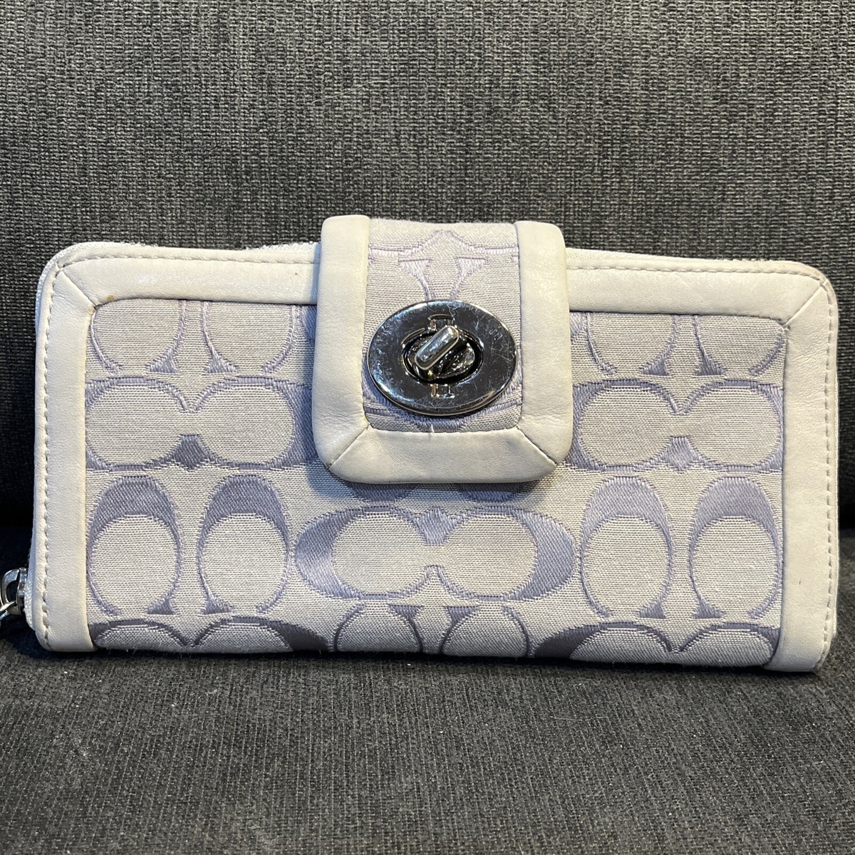 Coach Cricket Insignia Purple Lavender Silver Turnlock Wallet 8”x4