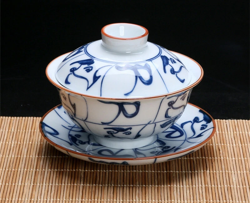 Tureen de porcelana china de 4" Jingdezhen Gaiwan de cerámica azul y blanco con cuenco Foto 4 de 4