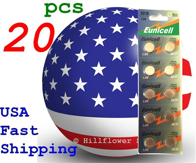 20 pcs AG10 LR1130 TopU 389A LR54 G10 Card 1.5V 0% Hg Alkaline Battery