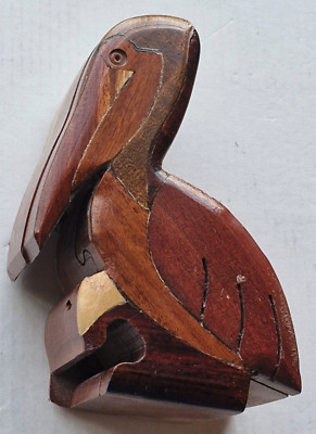 Carved Inlaid Tropical Wood Pelican Puzzle Jewelry Trinket Box Vintage Beautiful