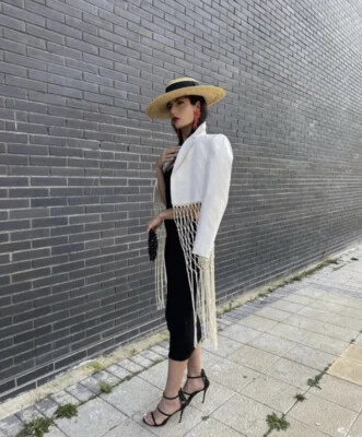 ZARA Ecru Macrame Cropped Blazer Jacket with Fringing Size M Bloggers Fave BNWT - Image 1 of 4