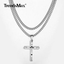 Stainless Steel Cross Pendant Necklace with 2 Cuban Chains Layered Jewelry Set