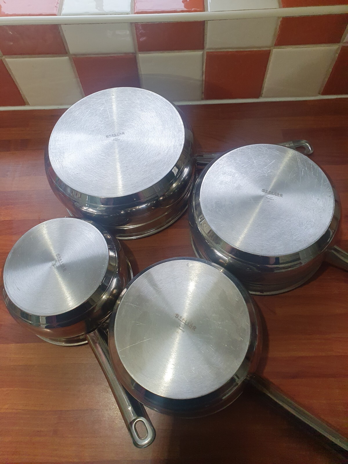4 Stellar Heavy Stainless Steel Saucepans with Metal Lids 14, 16, 18