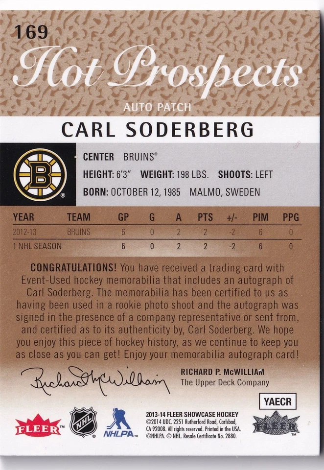 2013-14 Fleer Showcase #169 Carl Soderberg JSY AUTO 230/375 RC - Image 2 of 2