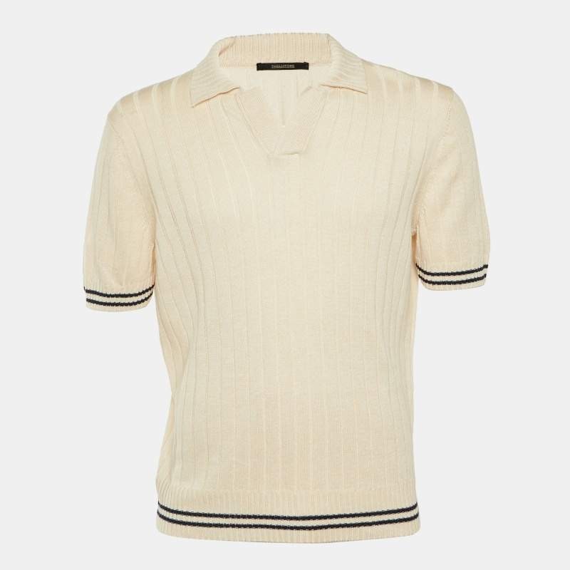 Tagliatore Cream Linen Cotton Rib Knit Polo TShirt L
