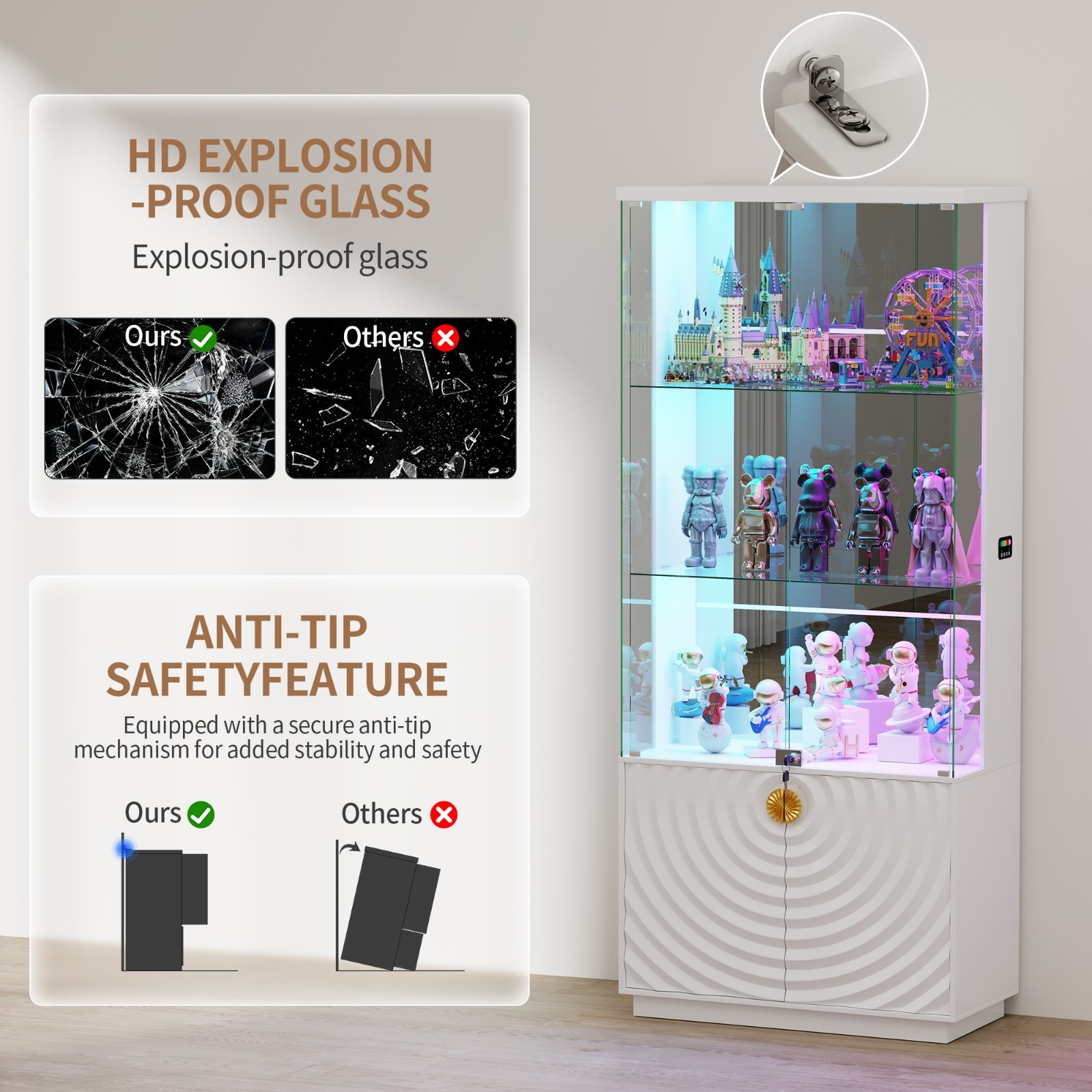 Gurexl 71" Display Cabinet with Glass Doors, Curio Cabinet Dynamic RGB Lights