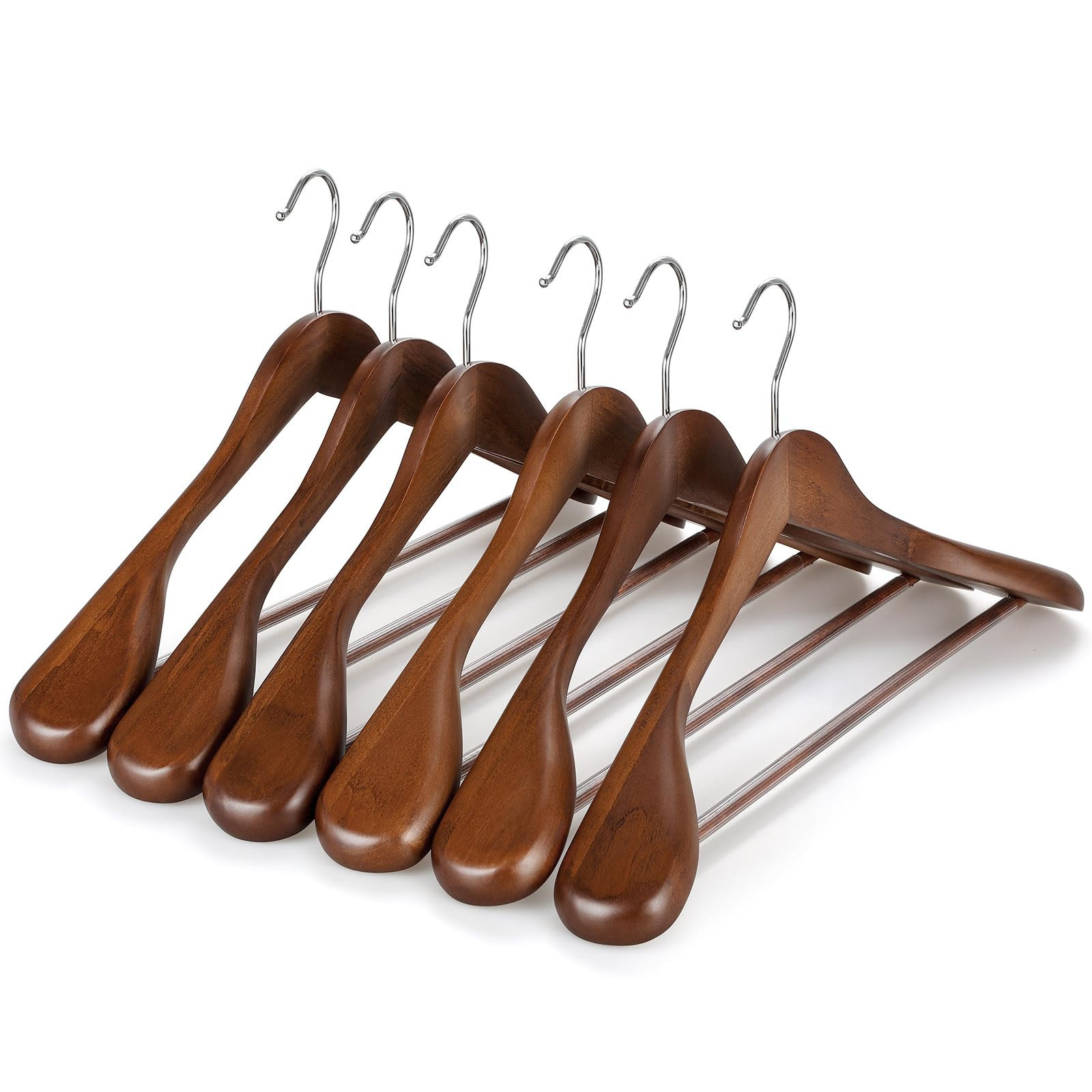 Sturdy Wide Shoulder Wooden Hangers with Non-Slip Pants Bar & 360 Swivel Hook