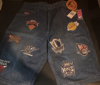 Ounk NBA Team Denim Bermuda Shorts Blue Embroidered Patches Logos Men's