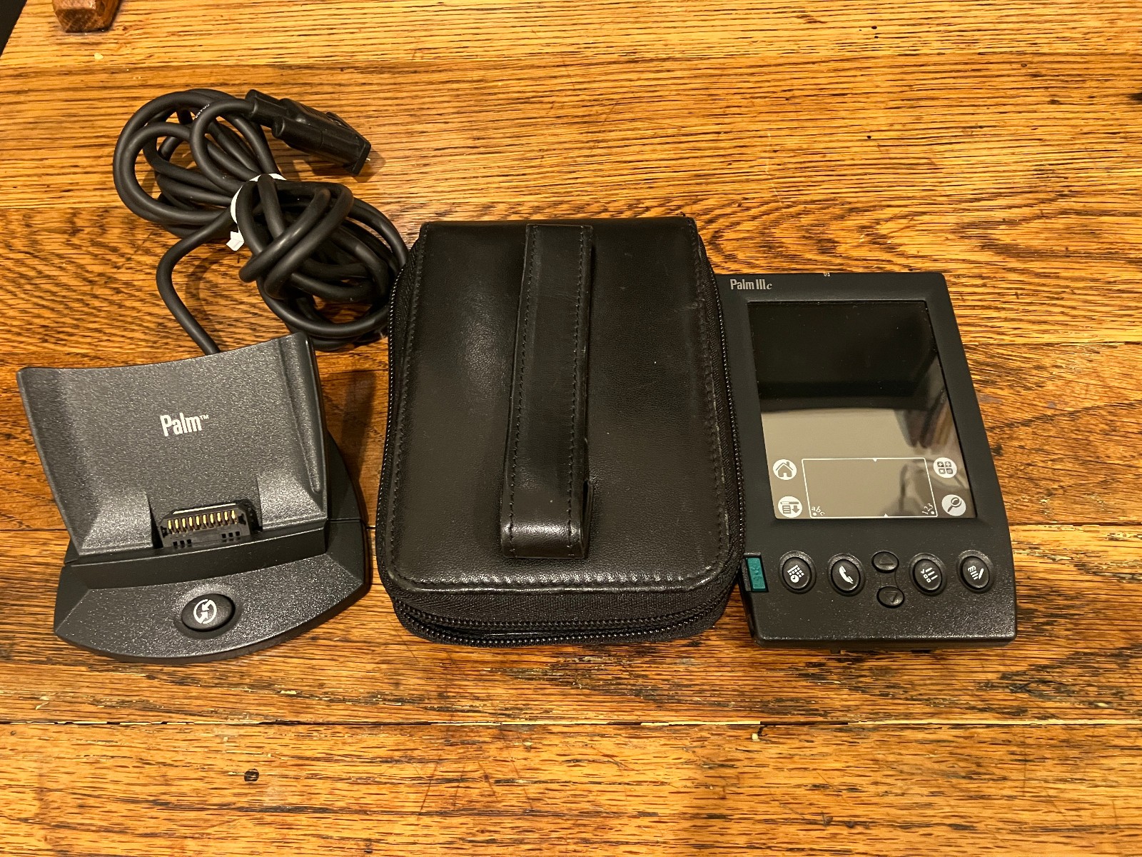 Vintage Palm Pilot Palm iiic With Leather Case and Charging Deck Untested