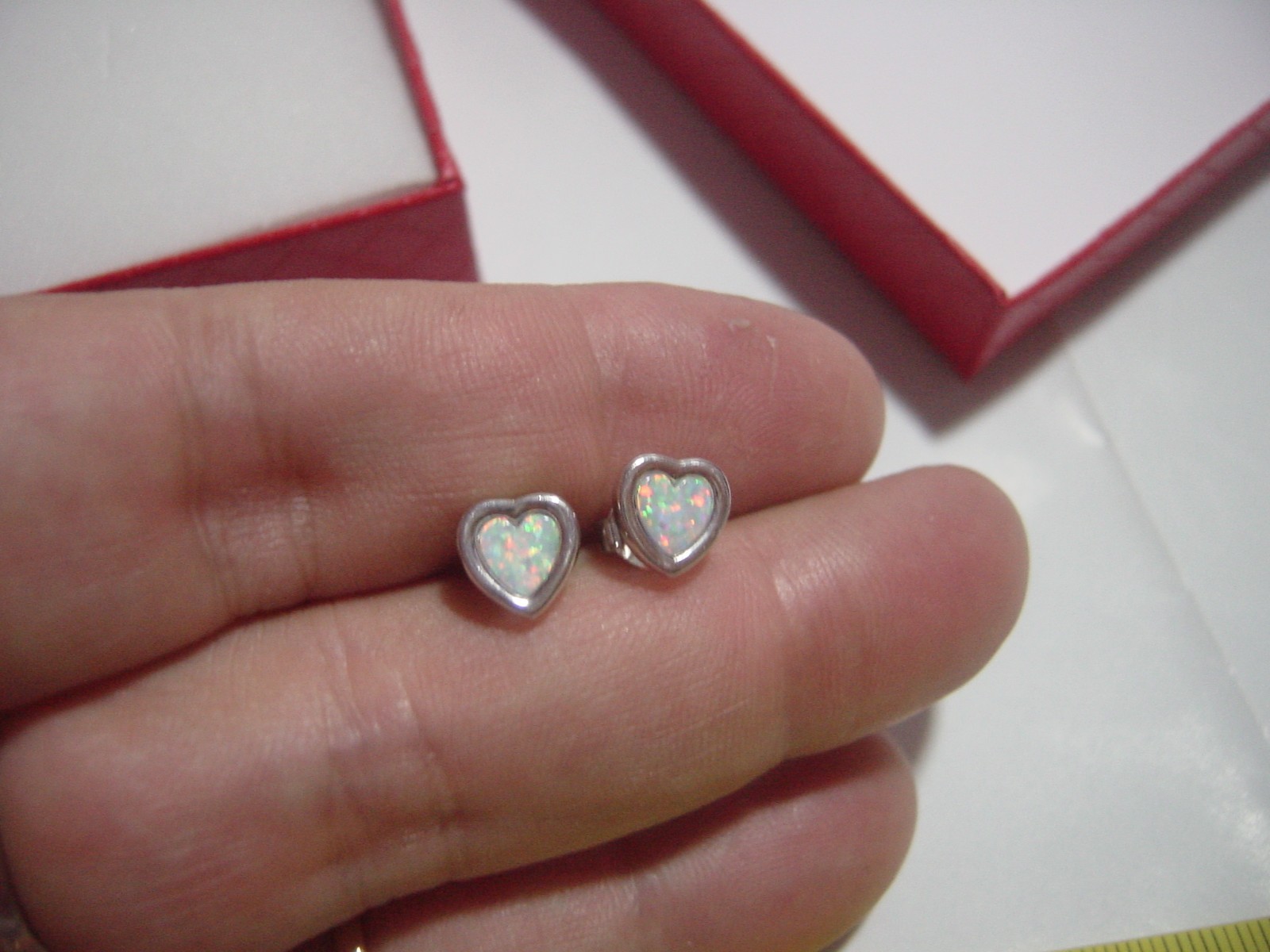 SMALL Solid Silver Earrings-HEART SHAPED firey op… - image 8
