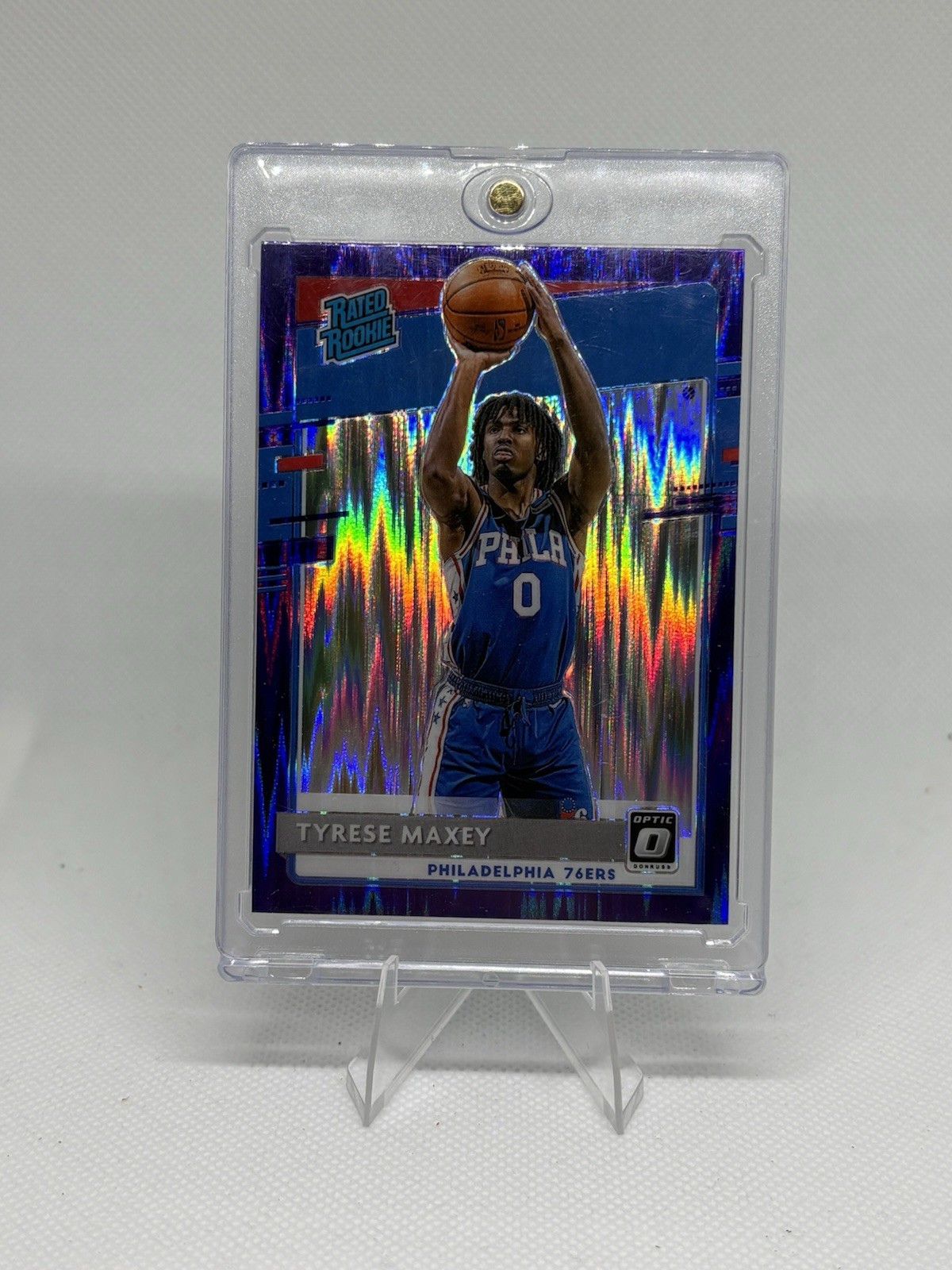 TYRESE MAXEY 2020-21 Optic PURPLE SHOCK PRIZM REFRACTOR ROOKIE RC PARALLEL #171