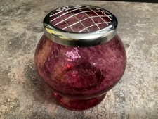 Vintage Crackle Glass Rose Bowl Vase Silver Tone Metal Lid Magenta/Ruby Pink