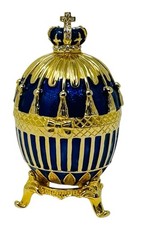 3-1/4&rdquo; FAUX RUSSIAN FABREGE TYPE EGG, BLUE ENAMEL, GOLD TRIM &ndash; DRESSER BOX
