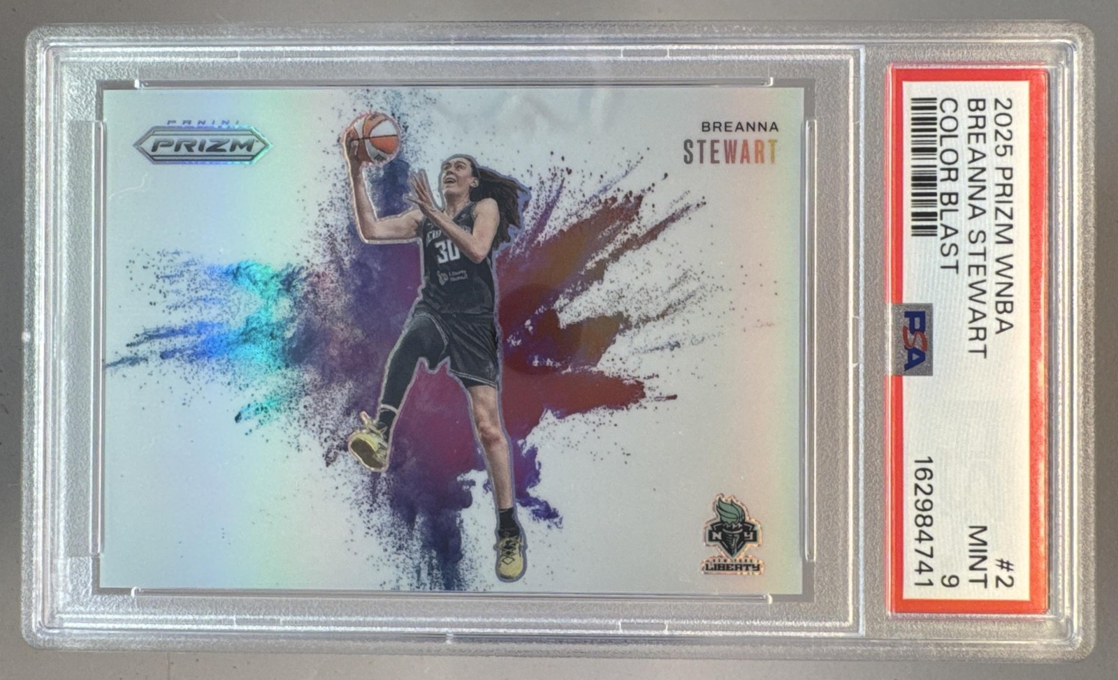 162984741 Breanna Stewart 2025 Panini WNBA Prizm #2 Color Blast SSP PSA 9