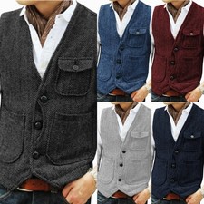 Herringbone Men's Dress Vests Formal Business Winter Warm Multi Pocket Waistcoat