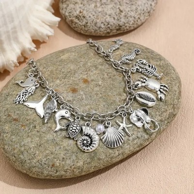 925 Sterling Silver Dolphin Starfish Sea Turtle Sea Horse Beads 9'' Bracelet