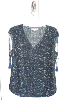 Dr2 Women's V-Neck Sleeveless Cinched Tasseled Shoulder Top in Blue Multi Medium