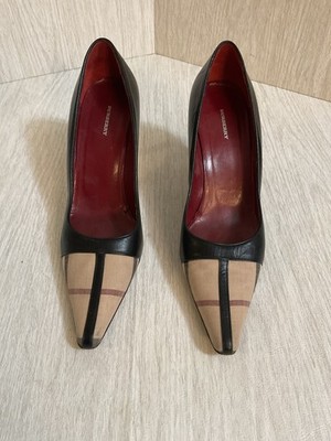 Burberry Women s Black/Beige Leather Pointed Toe Stiletto Check Pumps 10