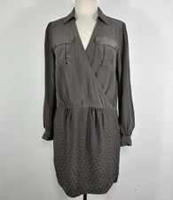 Rebecca Taylor Mini Dress 100% Silk Womens 4 Gray V Neck Long Sleeve Polka Dot