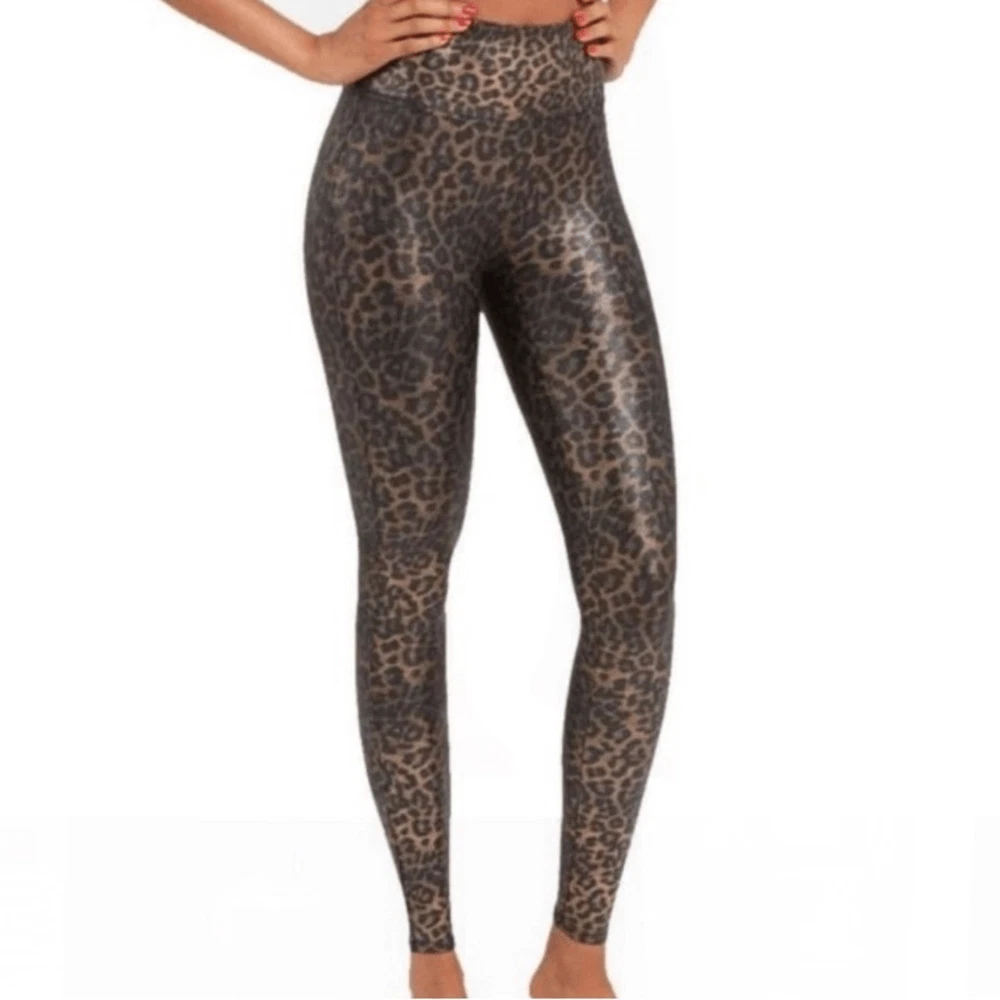 SPANX Faux Leather Leopard Print High Rise Compression Leggings Size XS