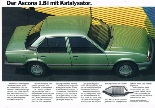 Prospekt Datenblatt Opel Ascona mit Katalysator von 1. 1985