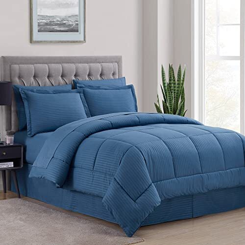Comforter Set 8 Piece Bed in a Bag with Bed Skirt, Fitted Sheet, Queen 1 Denim-image