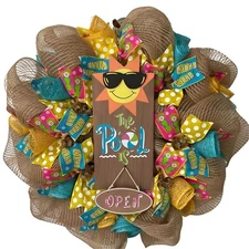 Pool Is Open Burlap Deco Mesh Summer Wreath