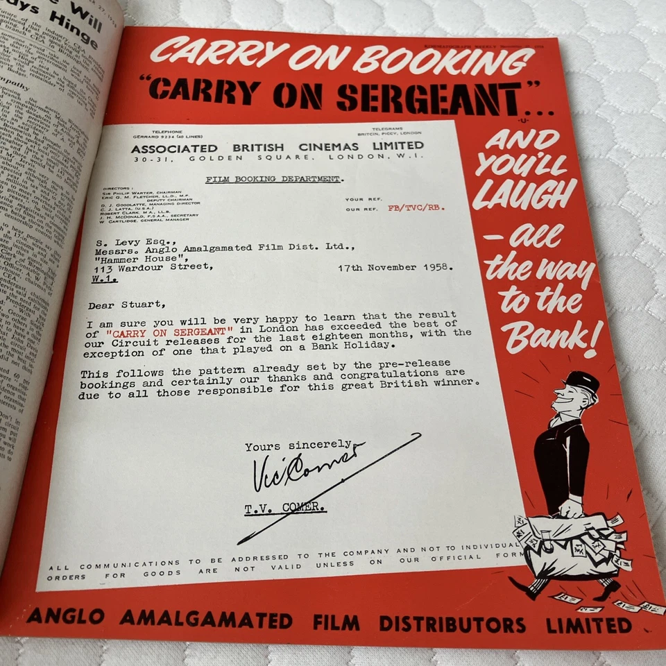 Kine Weekly 1958 -Sinbad the sailor Ray Harryhausen. Vivien Leigh.Carry on Nurse - Image 3 of 4