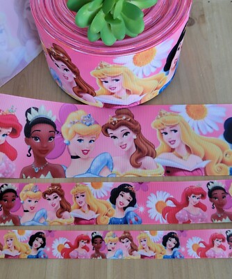7/8, 1.5 & 3'' (1 YD) Disney Princess Grosgrain Ribbon Ariel Jasmine Tiana Aurora