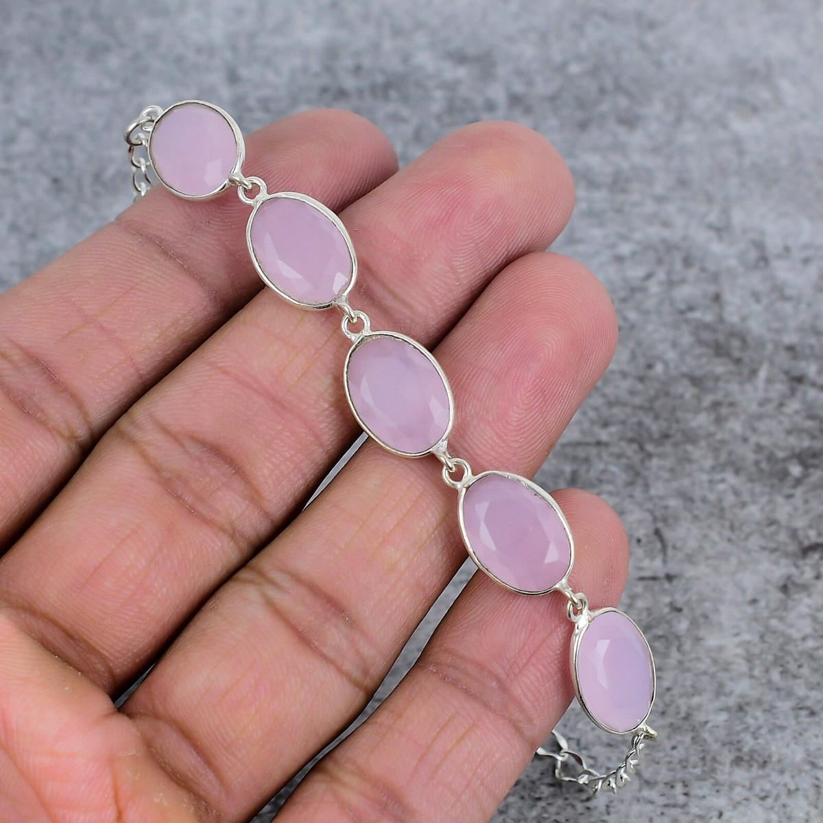 Rose Quartz Gemstone Handmade 925 Sterling Silver Charm Link Bracelet 7-8