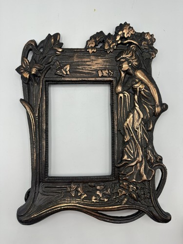 Vintage Cast Metal Art Nouveau Picture Frame Lady Lilies Flowers Copper Plated - Imagen 14 de 14