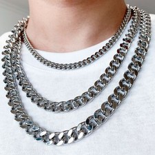 Heavy Stainless Steel Silver Chain Cuban Curb Womens Mens Necklace 9/11/13/15mm