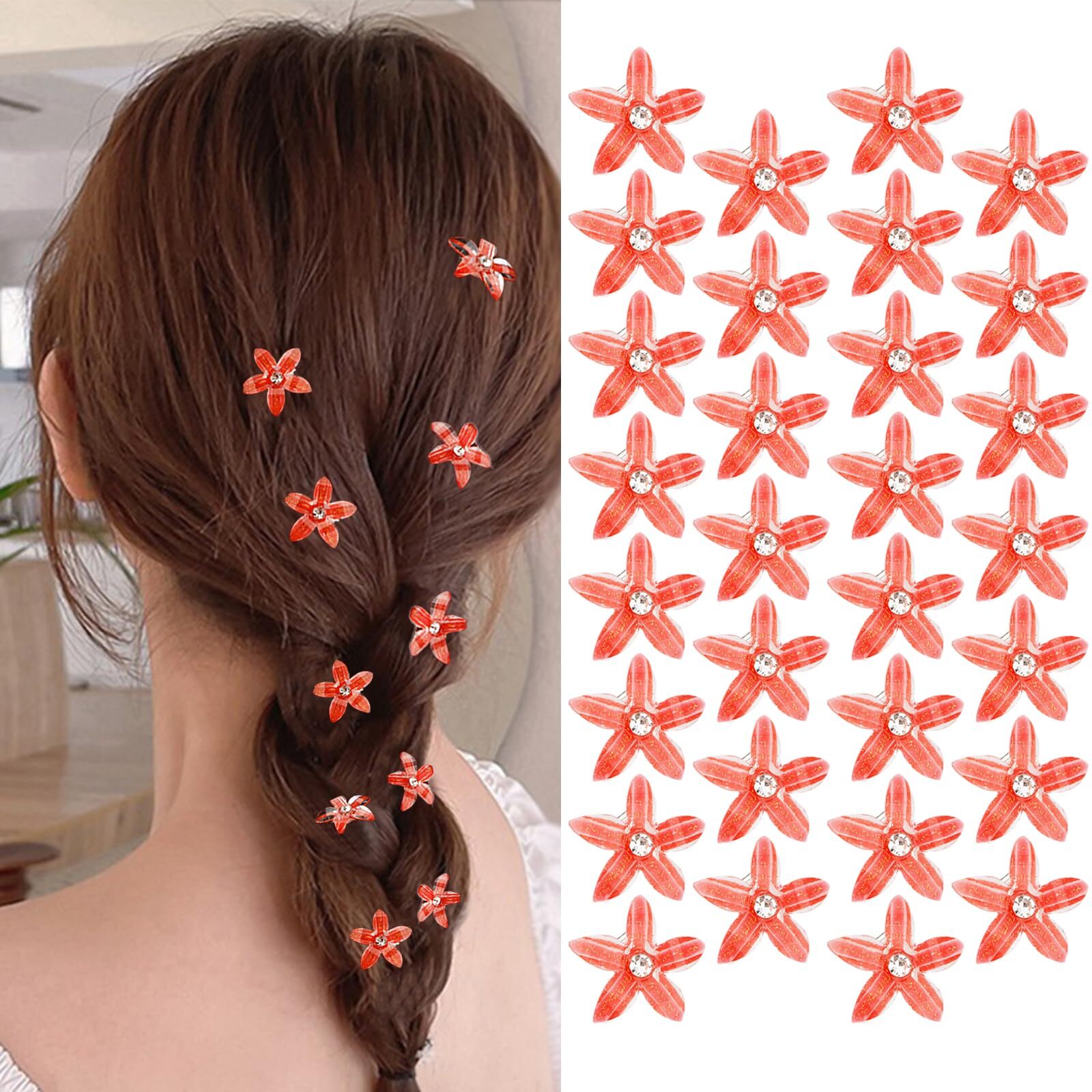 30 PCS Red Flower Hair Clips Crystal Mini Hair Accessories for Girls Women