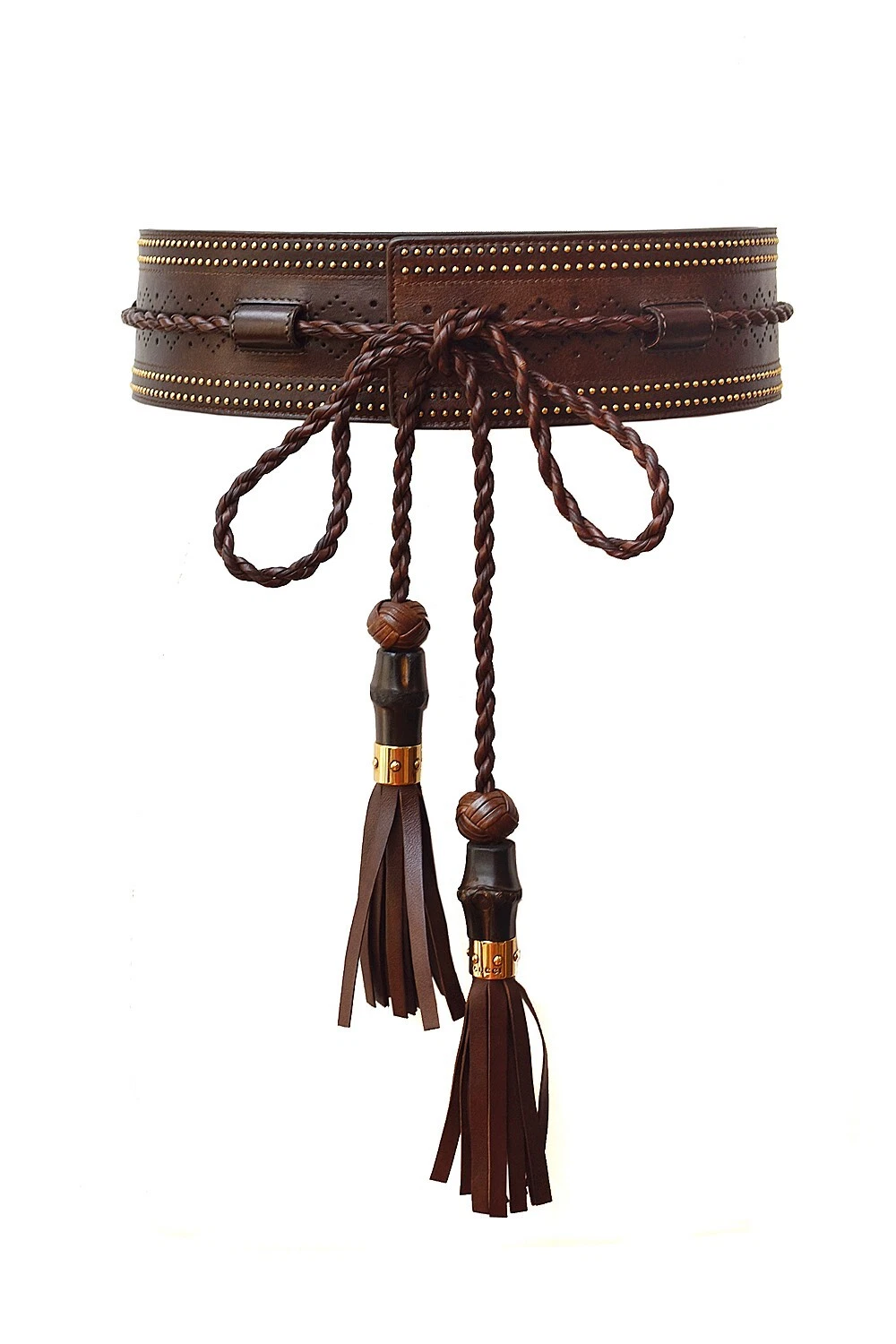 GUCCI Brown Goldtone Stud Leather Bamboo Tassel Belt Wraparound Boho Sz 80 32