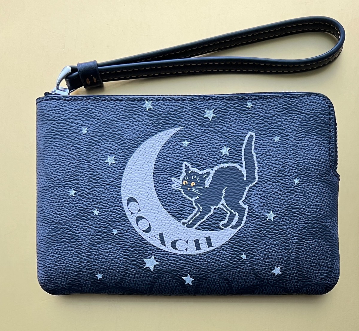 Coach Halloween Print Black Cat Signature Canvas Corner Zip