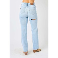 Judy Blue 24W High Waist NWT Straight Leg Distressed Denim Jeans Light Wash 24W