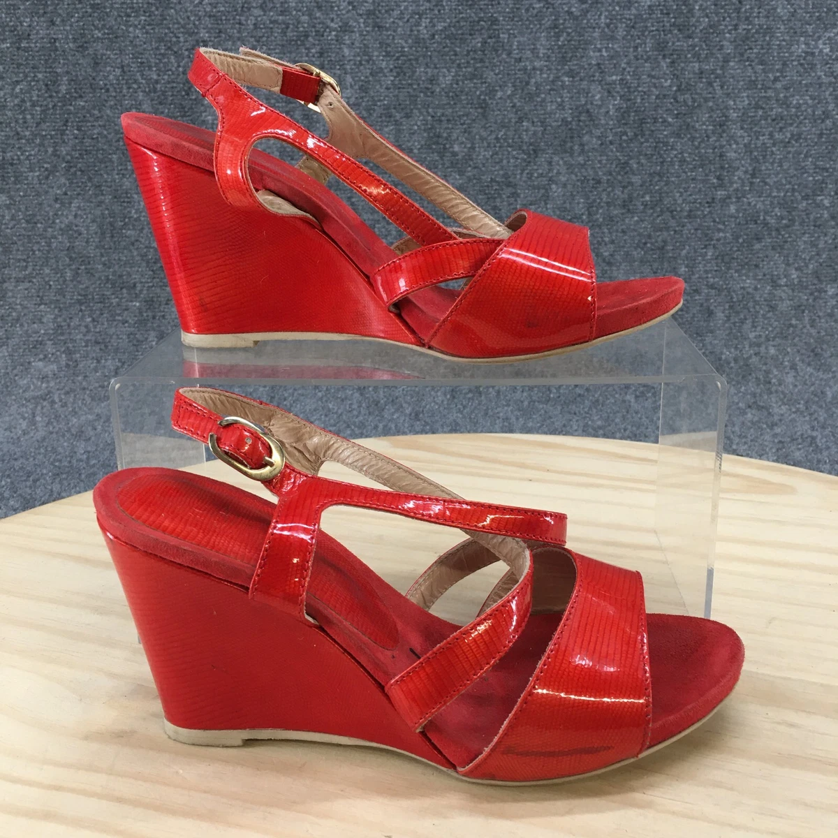 Caiman By Major Heels Womens 36.5 Wedge Sandals Red Leather Made